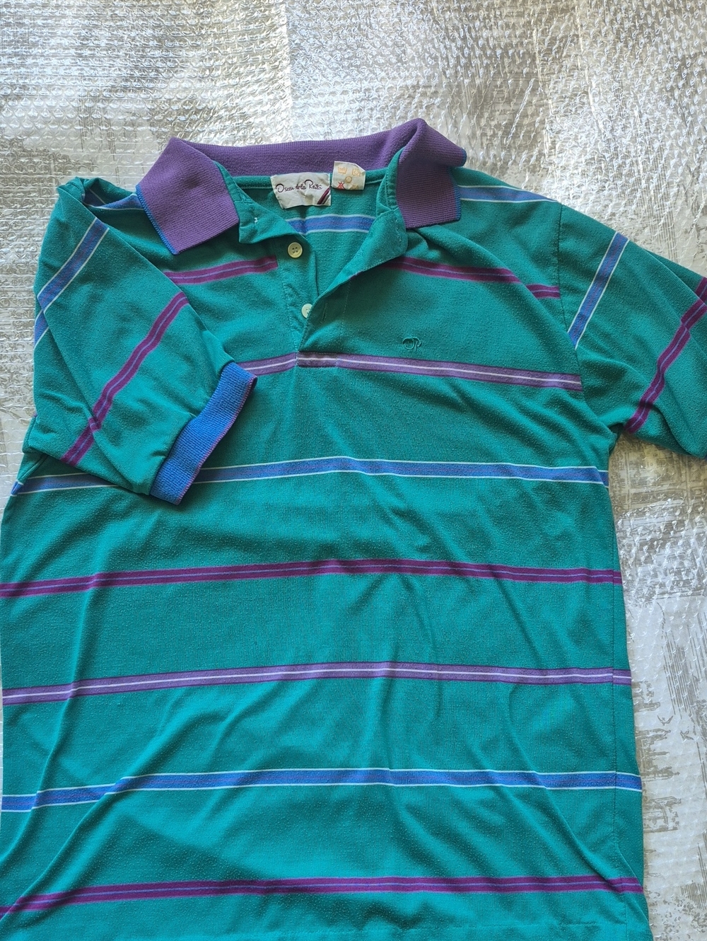 Vintage Oscar de la Renta Striped Polo Shirt Teal Purple  90s Dadcore